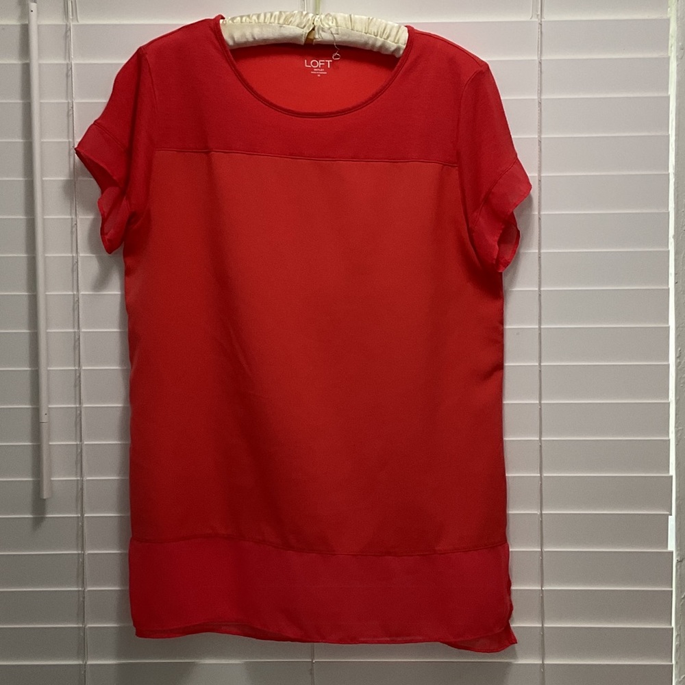 LOFT Bright Orange Short-Sleeve Blouse with sheer hem; Size M